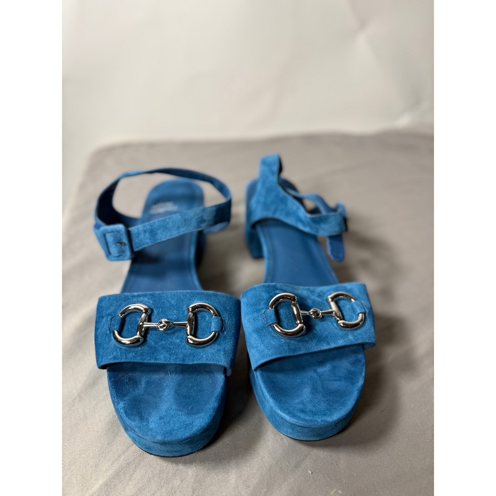 Jeffrey Campbell Blue Suede Horsebit Platform Block Heel Sandals Womens 9